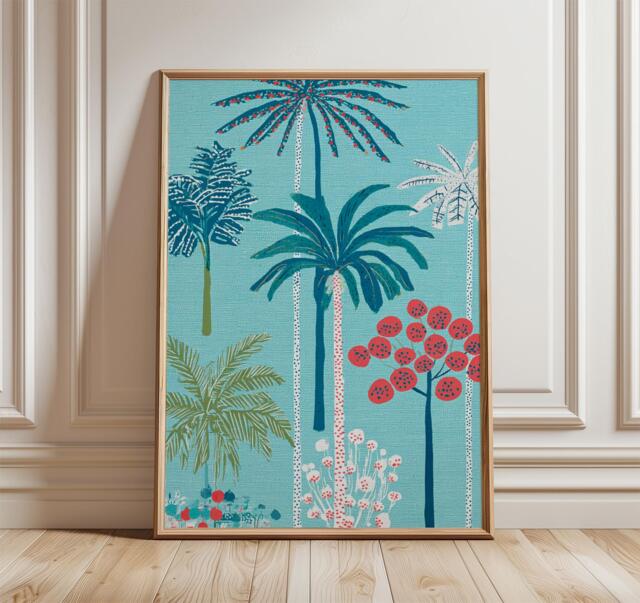 Tropical Palm Tree Art Print, Modern Coastal Wall Art, Blue & Coral Botanical Poster, Contemporary Beach Decor - image 1
