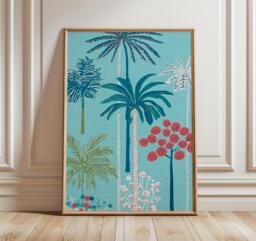 Tropical Palm Tree Art Print, Modern Coastal Wall Art, Blue & Coral Botanical Poster, Contemporary Beach Decor - thumbnail 1