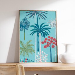 Tropical Palm Tree Art Print, Modern Coastal Wall Art, Blue & Coral Botanical Poster, Contemporary Beach Decor - thumbnail 2