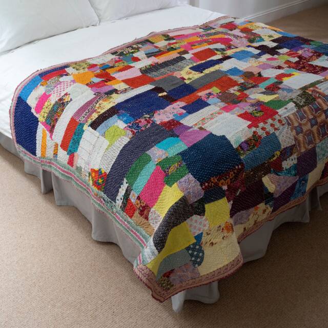 Sale Kantha Throw - Colourful Patchwork. Reverse Aubergine, Lime Green & Pale Blue Design Unique/One Of A Kind/Vintage Textile - image 1