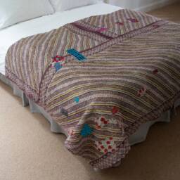 Sale Kantha Throw - Colourful Patchwork. Reverse Aubergine, Lime Green & Pale Blue Design Unique/One Of A Kind/Vintage Textile - thumbnail 2
