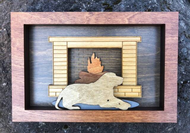Golden Retriever Wood Shadow Box Laser Cut Dog By Fireplace - image 1
