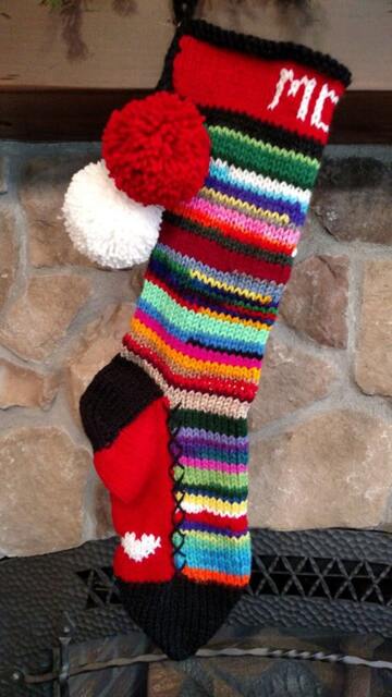 Hand Knit Christmas Stocking Personalized Mom Red Hearts Stripes Rag Series By Santa's Works - image 1