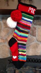 Hand Knit Christmas Stocking Personalized Mom Red Hearts Stripes Rag Series By Santa's Works - thumbnail 1