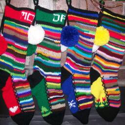 Hand Knit Christmas Stocking Personalized Mom Red Hearts Stripes Rag Series By Santa's Works - thumbnail 3