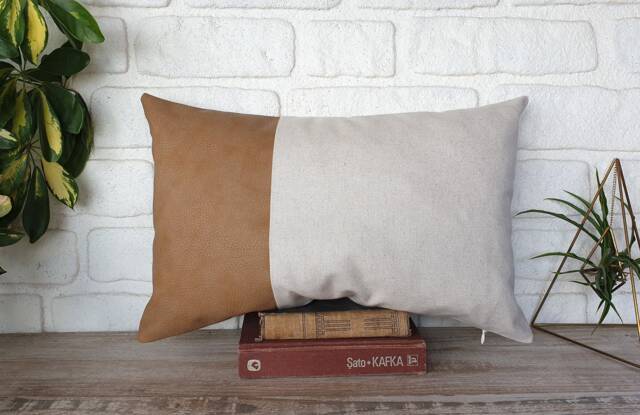 Faux Leather & Linen Lumbar Pillow Cover Modern Scandinavian Decor - image 1