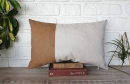 Faux Leather & Linen Lumbar Pillow Cover Modern Scandinavian Decor - thumbnail 1