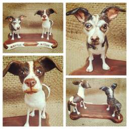 Two Customized Pet Dogs Clay Folk Art Sculpture On Wooden Bone Base Portrait - thumbnail 3