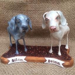 Two Customized Pet Dogs Clay Folk Art Sculpture On Wooden Bone Base Portrait - thumbnail 1