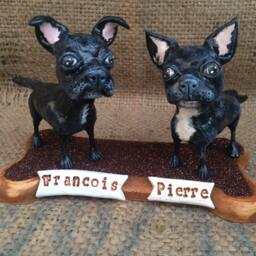 Two Customized Pet Dogs Clay Folk Art Sculpture On Wooden Bone Base Portrait - thumbnail 2