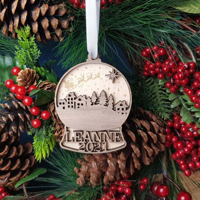 Snow Globe Personalised Christmas Tree Bauble, Add Name, Family Name Or Year, Winter Night Scene Ornament, Santa Sleigh Decoration - image 1