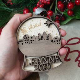 Snow Globe Personalised Christmas Tree Bauble, Add Name, Family Name Or Year, Winter Night Scene Ornament, Santa Sleigh Decoration - thumbnail 3