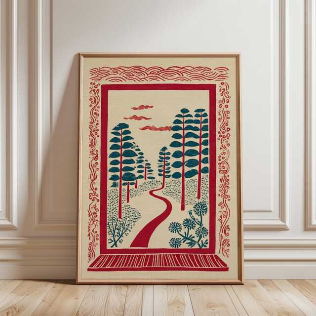 Red Forest Path Poster - Graphic Woodland Illustration Folk Style Nature Wall Art - image 1