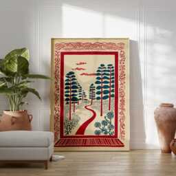 Red Forest Path Poster - Graphic Woodland Illustration Folk Style Nature Wall Art - thumbnail 3