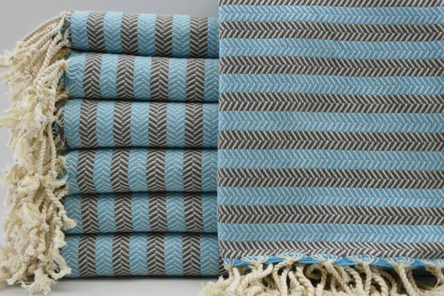"Turquoise & Gray Striped Towel, Herringbone Towel, Bohemian Towel, 38""x63" - image 1