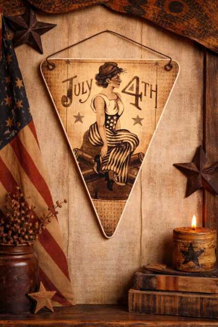 Fourth Of July Pennant/Art Adhered To Wood Complete With A Rusty Tin Hanger 4x5 Or 8x10 Primitive Handmade in The Usa - image 1