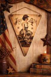 Fourth Of July Pennant/Art Adhered To Wood Complete With A Rusty Tin Hanger 4x5 Or 8x10 Primitive Handmade in The Usa - thumbnail 1
