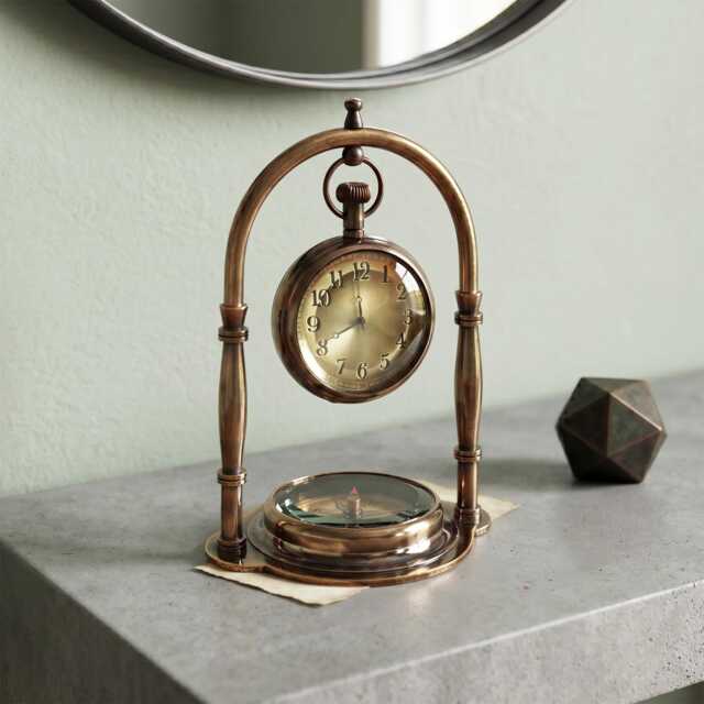Personalized Antique Brass Desk Clock & Compass - Engraved Gift Set - image 1