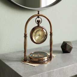 Personalized Antique Brass Desk Clock & Compass - Engraved Gift Set - thumbnail 1