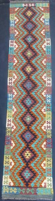 Classic Runner Rug, Handmade Artisan Afghan Turkish Aztec Natural Wool Kilim Rug 380x80 cm - image 1