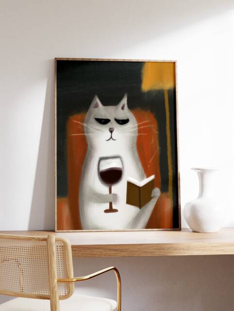 Cat Wine Funny Poster, Vintage Art Print, Drinking Feline Fine Animal Art, Wall Decor, Gift, A1/A2/A3/A4 - image 1