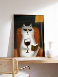 Cat Wine Funny Poster, Vintage Art Print, Drinking Feline Fine Animal Art, Wall Decor, Gift, A1/A2/A3/A4 - thumbnail 1