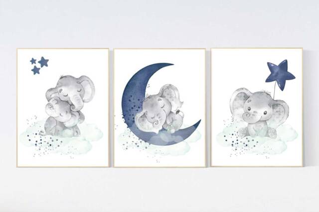 Elephant Nursery Prints Navy Mint Baby Room Wall Art - Set Of 3 - image 1
