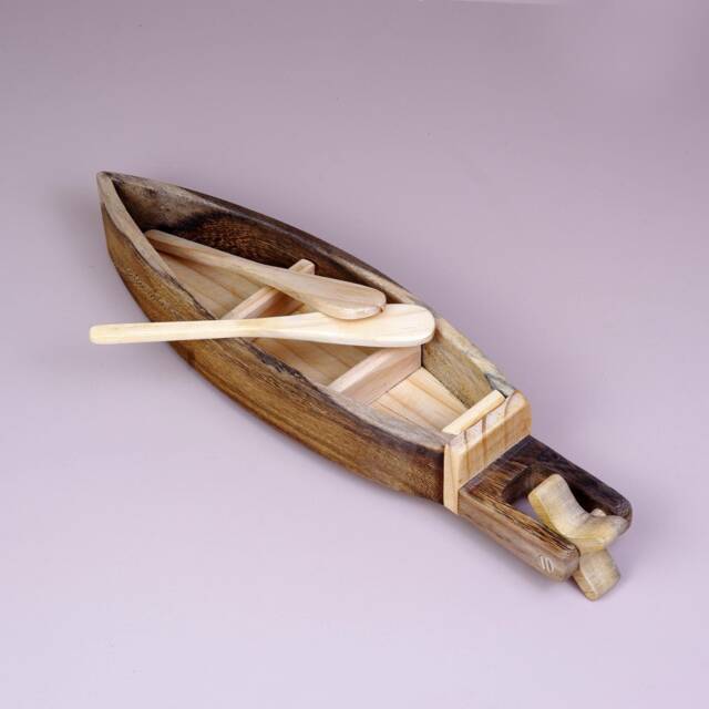 Wooden Boat Toy - Rustic Rowboat With Oars Figurine - image 1