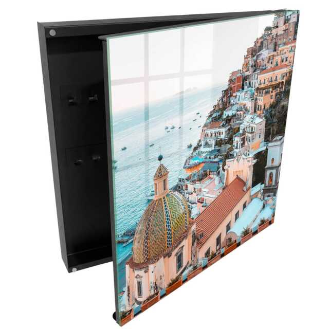 Mediterranean Charm Wall Mounted Key Cabinet, Orange Box For Wall, Photographic Cities, Lovers Of Travel & Architecture - image 1