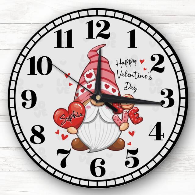 Love Gnome Valentine's Day Gift Grey Personalised Clock - image 1