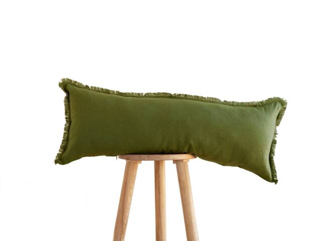 Green Lumbar Pillow Cover, Linen Long Fringe Edge Pillowcase, Custom Size - Handmade - image 1