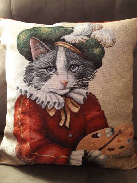 Painter Cat Jacquard Tapestry Cushion Cover 45x45 cm. Trendy Interior Decor - Decorative Housewarming Birthday - image 1