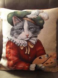 Painter Cat Jacquard Tapestry Cushion Cover 45x45 cm. Trendy Interior Decor - Decorative Housewarming Birthday - thumbnail 1