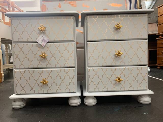 Pair Of Bedside Tables Painted Bespoke Moroccan Geometric Art Deco Gold Leaf Bee Elephant Handles Stencilled - image 1