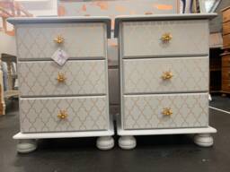 Pair Of Bedside Tables Painted Bespoke Moroccan Geometric Art Deco Gold Leaf Bee Elephant Handles Stencilled - thumbnail 1