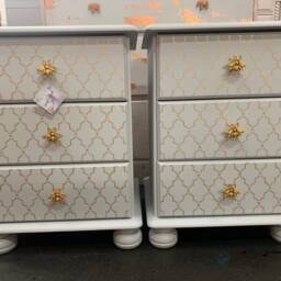 Pair Of Bedside Tables Painted Bespoke Moroccan Geometric Art Deco Gold Leaf Bee Elephant Handles Stencilled - thumbnail 3