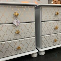 Pair Of Bedside Tables Painted Bespoke Moroccan Geometric Art Deco Gold Leaf Bee Elephant Handles Stencilled - thumbnail 2
