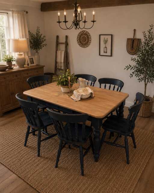 Rustic Farmhouse Solid Pine 5Ft Kitchen/Dining Table & 6 Chairs Painted Dark Blue - image 1
