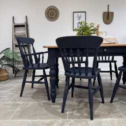 Rustic Farmhouse Solid Pine 5Ft Kitchen/Dining Table & 6 Chairs Painted Dark Blue - thumbnail 4