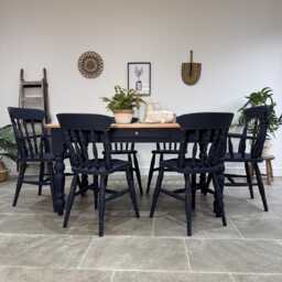 Rustic Farmhouse Solid Pine 5Ft Kitchen/Dining Table & 6 Chairs Painted Dark Blue - thumbnail 3