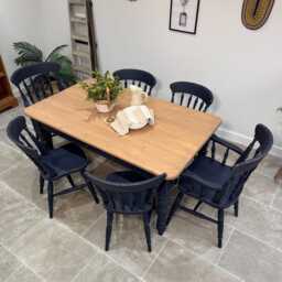 Rustic Farmhouse Solid Pine 5Ft Kitchen/Dining Table & 6 Chairs Painted Dark Blue - thumbnail 2