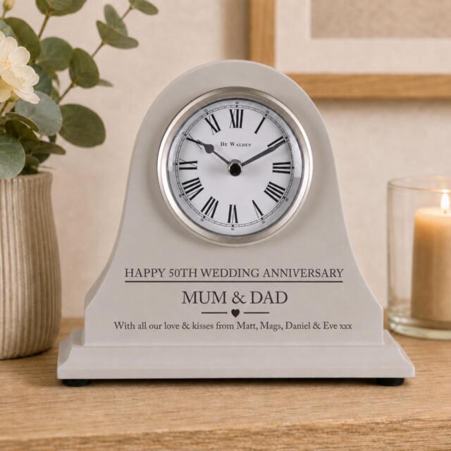 50Th Wedding Anniversary Couple Gift Personalised Engraved Grey Mantel Clock Gold Traditional Golden Marriage Gifts Nan Grandad Mom Dad Etc - image 1