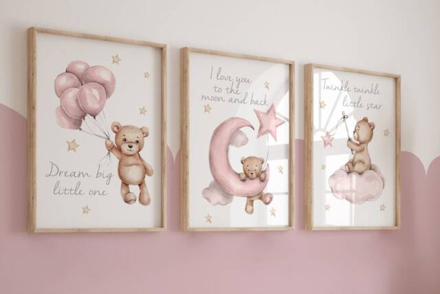 Set Of 3 Nursery Prints, Teddy Bear Nursery, Girls Prints Girls Decor, Baby Girls, Pink Nursery, Nursery Decor, Nursery Wall Art - image 1