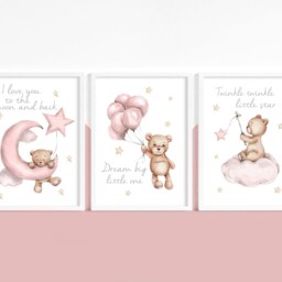 Set Of 3 Nursery Prints, Teddy Bear Nursery, Girls Prints Girls Decor, Baby Girls, Pink Nursery, Nursery Decor, Nursery Wall Art - thumbnail 2