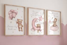 Set Of 3 Nursery Prints, Teddy Bear Nursery, Girls Prints Girls Decor, Baby Girls, Pink Nursery, Nursery Decor, Nursery Wall Art - thumbnail 1