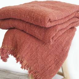 Handwoven Terracotta Raw Cotton Fringed Throw Blanket, King Size - thumbnail 2