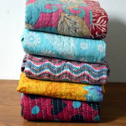 Indian Quilt Cotton Sari Wholesale 10 Pc Lot Fabric Patchwork Quilts Vintage Old Recycled Hand Quilted Kantha Gudari Bedspread - thumbnail 2