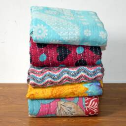 Indian Quilt Cotton Sari Wholesale 10 Pc Lot Fabric Patchwork Quilts Vintage Old Recycled Hand Quilted Kantha Gudari Bedspread - thumbnail 3