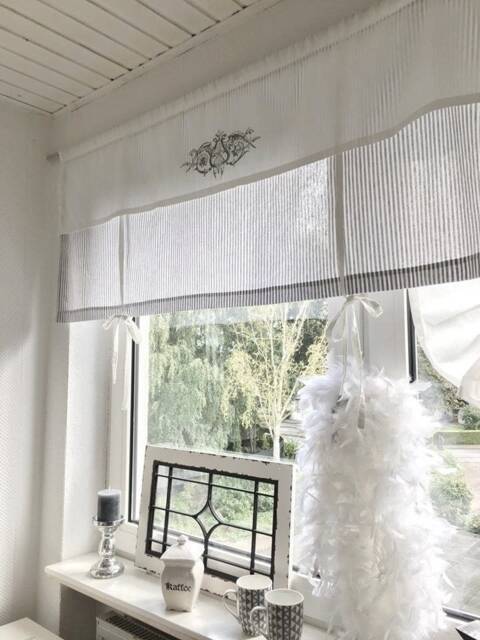 Curtain Roman Blind Striped Grey Beige White Country House Shabby Chic - image 1
