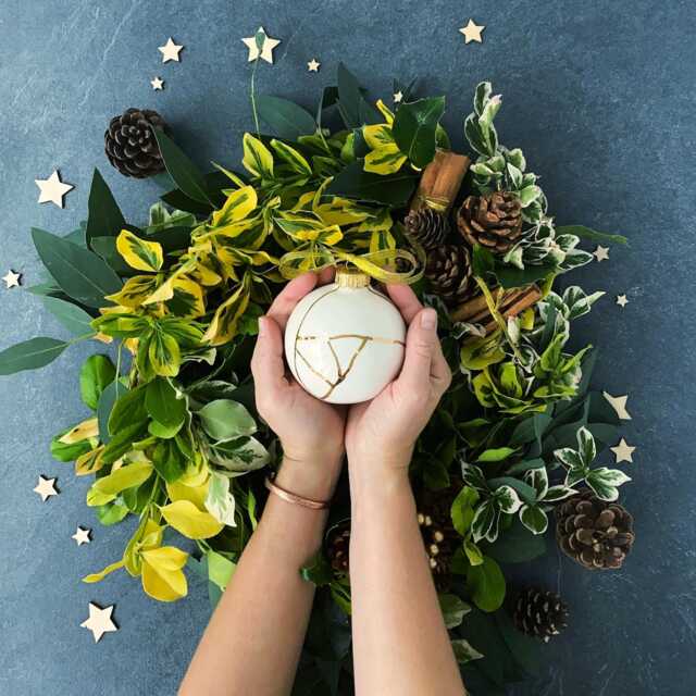 Kintsugi Ornament, White Ceramic Bauble Plated With Gold - image 1